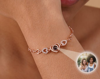 Pulsera de fotos de proyección de corazón, pulsera de proyección de plata de ley, pulsera de imagen personalizada, regalo conmemorativo para ella, regalo del Día de las Madres