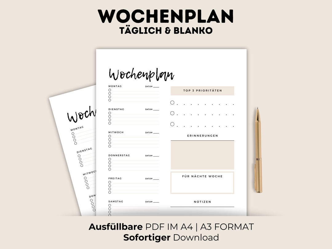 Wochenplaner zum ausdrucken / A3/A4 Ausfüllbare PDF / Wochenplaner
