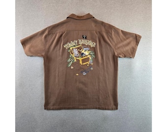 Vintage Tommy Bahama Sidenskjorta Herr XL Brun Fiskbensmönstrad Broderad 90-talsskjorta