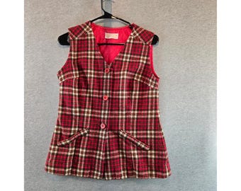 Chaleco vintage Pendleton a cuadros para mujer, talla 12, rojo y marrón, 100% lana virgen, estilo años 70, cuello en V.