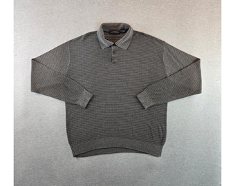 Vintage Jhane Barnes Strick Polo Pullover Herren XL Grau 80er Jahre Seidenmischung Langarm