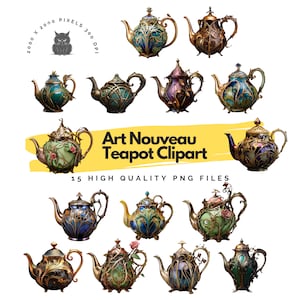 Art Nouveau thema bloemen theepot clipart PNG set, 15 digitale koffie thee potten hoge kwaliteit transparante achtergrond illustraties organische lijnen