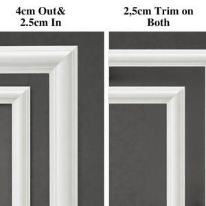 May include: Two white crown molding corner samples against a dark gray background. The left sample has text that reads "4cm Out & 2.5cm In." The right sample has text that reads "2.5cm Trim on Both."
