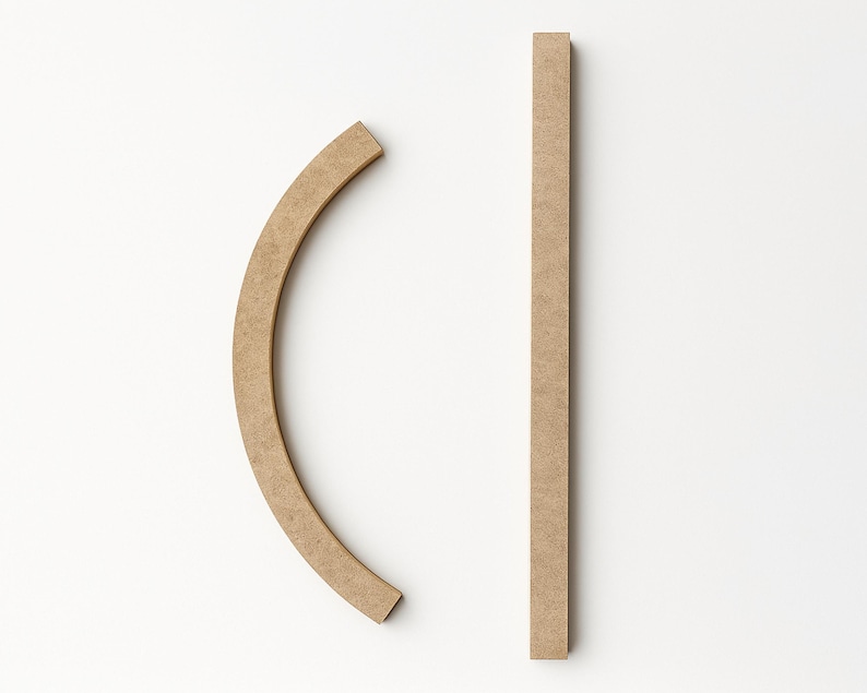 Two unfinished, light brown wooden pieces against a white background. One piece is a long, straight rectangle. The other is a curved, semi-circular shape. Both pieces have a smooth, matte finish.