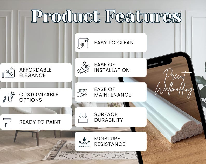 Op de afbeelding: Afbeelding met productkenmerken van voorgesneden wandlijsten. Kenmerken zijn gemakkelijk schoon te maken, betaalbare elegantie, aanpasbare opties en klaar om te schilderen. Extra kenmerken zijn installatie- en onderhoudsgemak, oppervlakte duurzaamheid en vochtbestendigheid.