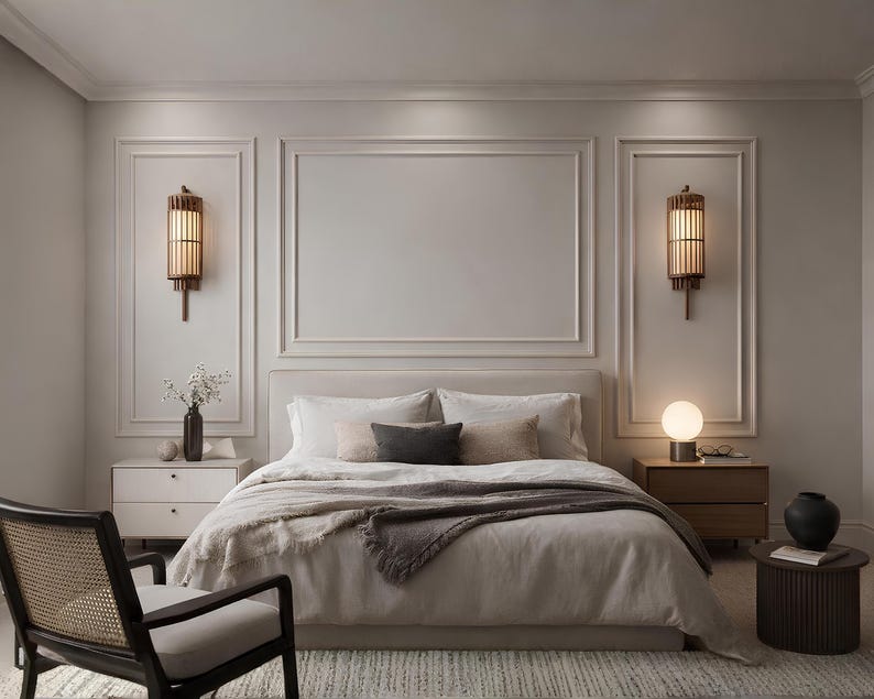 May include: A bedroom scene featuring a bed with neutral-toned bedding, a dark gray throw blanket, and decorative pillows. Two wooden bedside tables flank the bed, each with a lamp. Two wall sconces with a warm glow are mounted on the wall.
