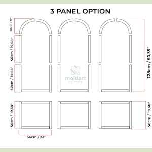 May include: Diagram of a 3-panel option, showing the dimensions of the pieces in both centimeters and inches. The diagram includes measurements of 28cm/11", 50cm/19.68", 56cm/22", and 128cm/50.39". The text "3 PANEL OPTION" is at the top.