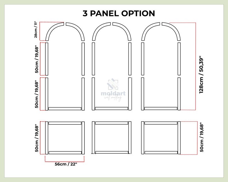 May include: Diagram of a 3-panel option, showing the dimensions of the pieces in both centimeters and inches. The diagram includes measurements of 28cm/11", 50cm/19.68", 56cm/22", and 128cm/50.39". The text "3 PANEL OPTION" is at the top.
