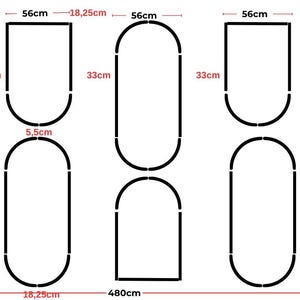 May include: A technical diagram showing black outline shapes including ovals and arches with dimensions in centimeters. The total width is 480cm and the total height is 240cm. Individual segments are labeled with measurements like 56cm and 33cm.