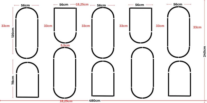 May include: A technical diagram showing black outline shapes including ovals and arches with dimensions in centimeters. The total width is 480cm and the total height is 240cm. Individual segments are labeled with measurements like 56cm and 33cm.