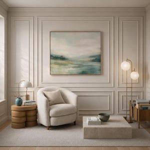Op de afbeelding: Een serene woonkamer met een groot landschapsschilderij met een gouden lijst. Een cr&egrave;mekleurige fauteuil met bijpassend kussen staat naast een ronde houten bijzettafel. Een vloerlamp met twee bolvormige lampen en een stenen salontafel maken de ruimte compleet.