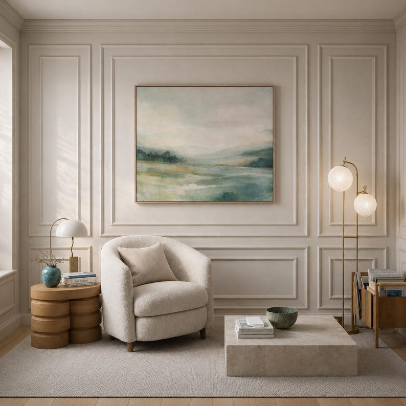 Op de afbeelding: Een serene woonkamer met een groot landschapsschilderij met een gouden lijst. Een cr&egrave;mekleurige fauteuil met bijpassend kussen staat naast een ronde houten bijzettafel. Een vloerlamp met twee bolvormige lampen en een stenen salontafel maken de ruimte compleet.