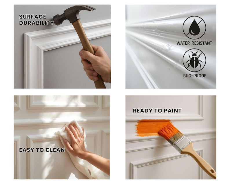 May include: A composite image showcasing product features. It includes a hammer hitting a white molding, a water-resistant and bug-proof film, a hand cleaning the molding, and a paintbrush applying orange paint. Text includes "Surface Durability", "Water-Resistant", "Bug-Proof", "Easy to Clean", and "Ready to Paint".