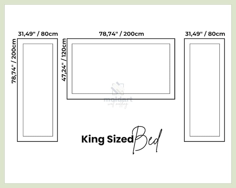May include: A diagram of a King Sized Bed with dimensions. The bed's main section is 78.74 inches (200cm) by 47.24 inches (120cm). Two side sections are 31.49 inches (80cm) by 78.74 inches (200cm).