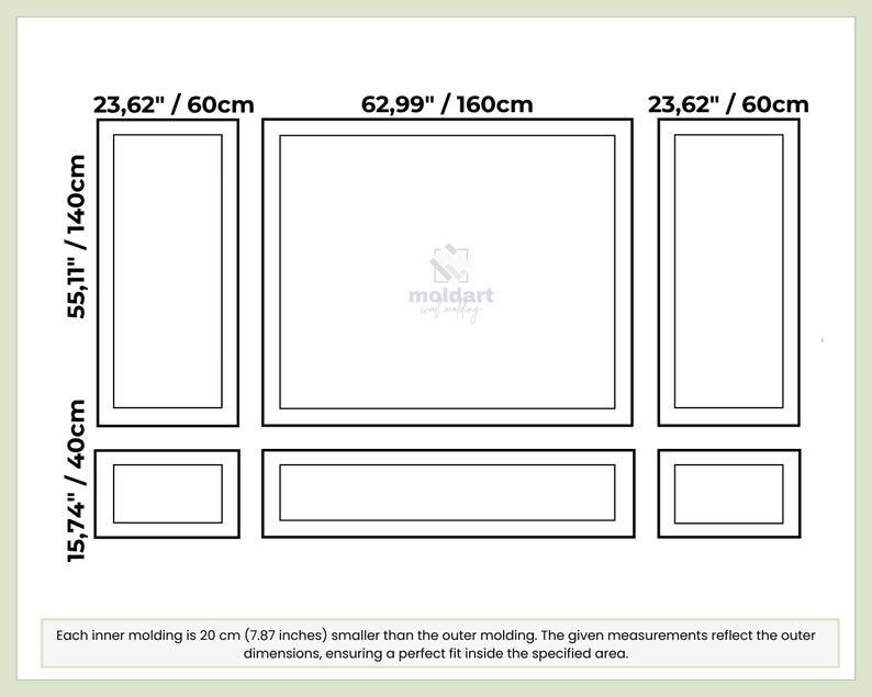 Op de afbeelding: Diagram van een wandlijstontwerp met afmetingen in centimeters en inches. Het centrale paneel is 160 cm breed, geflankeerd door twee verticale panelen van elk 60 cm breed. Twee horizontale panelen bevinden zich eronder. De tekst geeft de afmetingen aan.