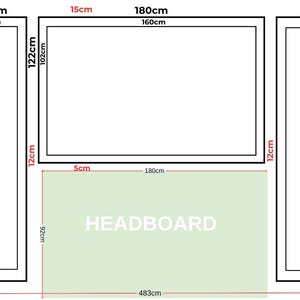 Può includere: Schema di un set da camera da letto con dimensioni in centimetri. Il set include una testiera, due armadi alti (alti 206 cm) e un grande telaio rettangolare (180 cm di larghezza).