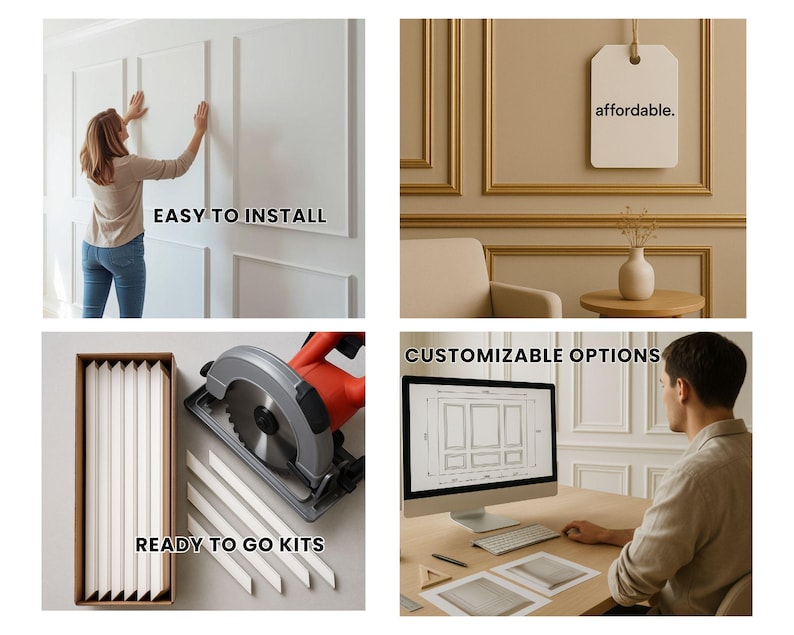 Op de afbeelding: Een reeks afbeeldingen met interieurontwerpelementen. E&eacute;n afbeelding toont een persoon die witte wandpanelen installeert, met de tekst "EASY TO INSTALL". Andere afbeeldingen tonen een label met het woord "affordable", een cirkelzaag en een computerscherm met ontwerpopties.