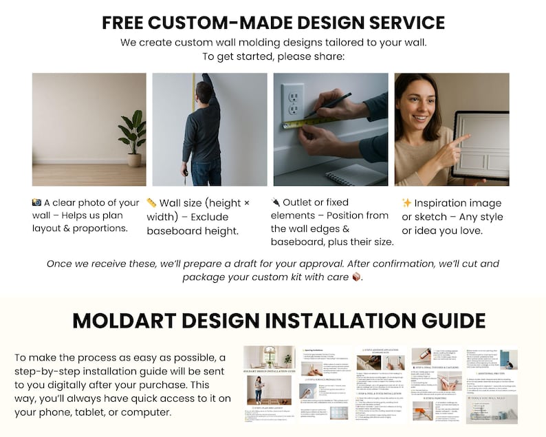 May include: Promotional image for custom wall molding design service. Includes text: "FREE CUSTOM-MADE DESIGN SERVICE." The image shows examples of what is needed to get started: a photo of the wall, wall size, outlet position, and inspiration image.