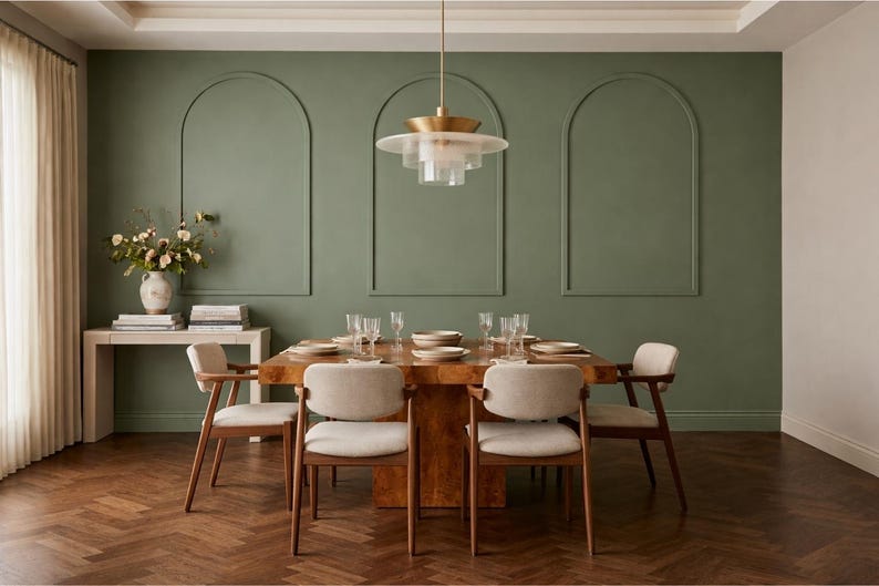 May include: A dining room featuring a square wooden table with four upholstered chairs, set against a sage green wall with three arched moldings. A tiered brass and glass pendant light hangs above, while a console table holds a floral arrangement.