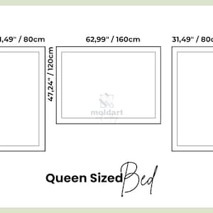 May include: Diagram of a queen-sized bed with dimensions in inches and centimeters. The diagram shows the bed's layout, including the headboard and two side tables. The text "Queen Sized Bed" is written in a script font.