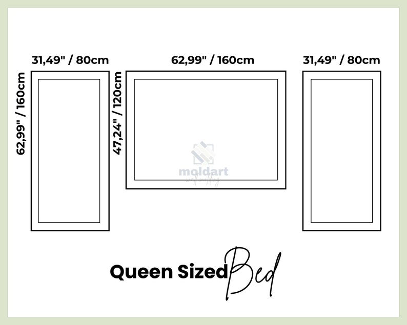 May include: Diagram of a queen-sized bed with dimensions in inches and centimeters. The diagram shows the bed's layout, including the headboard and two side tables. The text "Queen Sized Bed" is written in a script font.