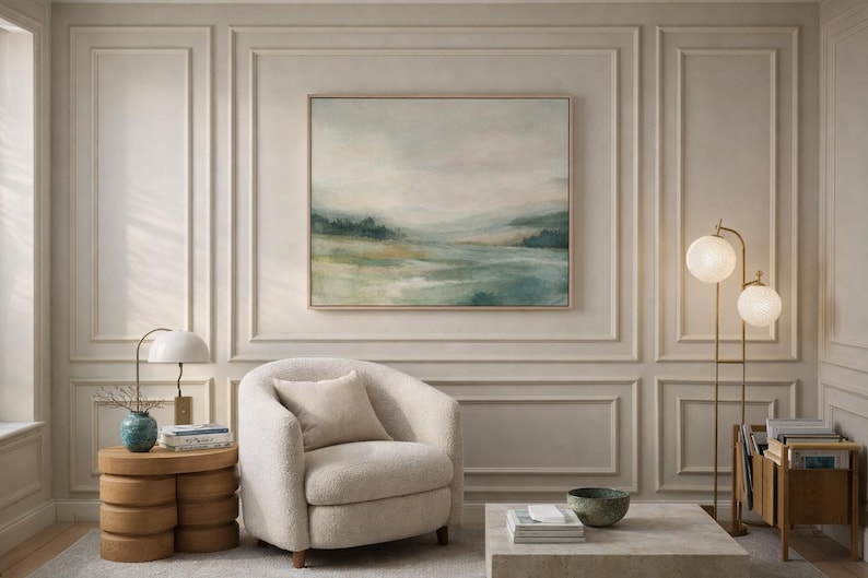 Op de afbeelding: Een serene woonkamer met een landschapsschilderij in een houten lijst boven een cr&egrave;mekleurige, afgeronde fauteuil. Een moderne vloerlamp met twee bolvormige lampen en een kleine bijzettafel met een lamp en decoratieve items maken de ruimte compleet.