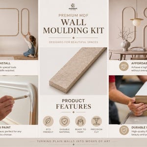May include: A premium MDF wall moulding kit featuring pre-cut strips for decorative wall paneling. The kit includes various geometric shapes, a single raw MDF strip, and instructions for installation, painting, and assembly on interior walls.