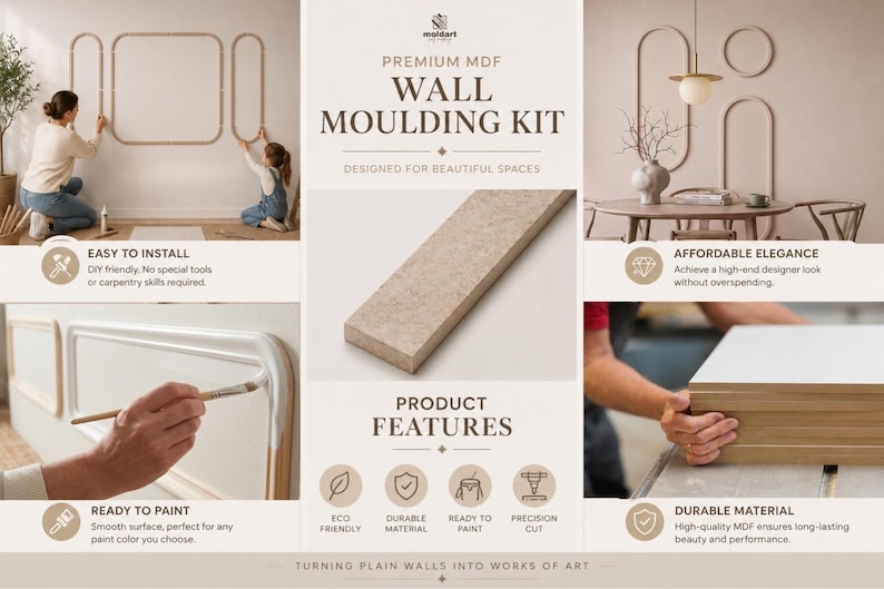 May include: A premium MDF wall moulding kit featuring pre-cut strips for decorative wall paneling. The kit includes various geometric shapes, a single raw MDF strip, and instructions for installation, painting, and assembly on interior walls.