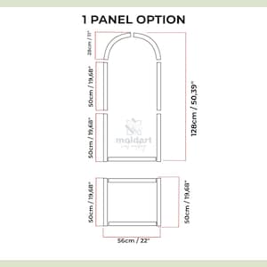 Diagram of a 1-panel option, featuring architectural elements with dimensions in inches and centimeters. The design includes arched and rectangular components.