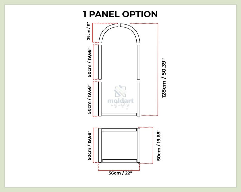 Diagram of a 1-panel option, featuring architectural elements with dimensions in inches and centimeters. The design includes arched and rectangular components.