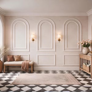 Könnte beinhalten: Ein Innenraum mit drei bogenförmigen Wandverkleidungen, einer Holzbank mit zwei braunen Kissen und einer Decke, einem Holzkonsolentisch mit einer Blumenvase, einem Spiegel, zwei Wandleuchten und einem schwarz-weiß karierten Boden.