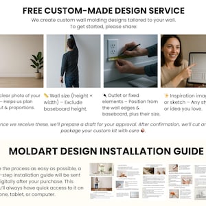 May include: An advertisement for custom wall molding design services. The image includes text and photos illustrating the process: providing a clear photo of the wall, wall size, outlet position, and inspiration. The text also mentions a step-by-step installation guide.