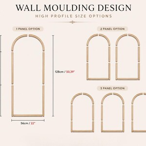 May include: Wall moulding design with high profile size options showing 1, 2, and 3 panel configurations. The 1 panel option measures 56 inches wide by 128 inches high, with individual segments labeled as 28 inches, 50 inches, and 50 inches.
