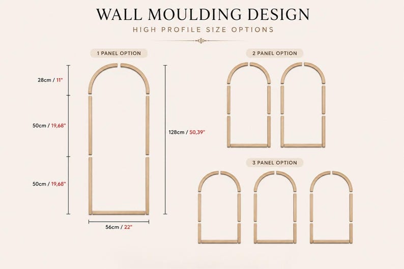 May include: Wall moulding design with high profile size options showing 1, 2, and 3 panel configurations. The 1 panel option measures 56 inches wide by 128 inches high, with individual segments labeled as 28 inches, 50 inches, and 50 inches.