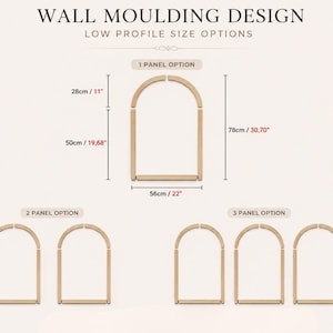 May include: Wall moulding design with low profile size options. The graphic displays a single arch panel measuring 22 inches wide by 30.70 inches high, with a 11 inch arch height and 19.68 inch side height. Options for 1, 2, or 3 panels are shown.