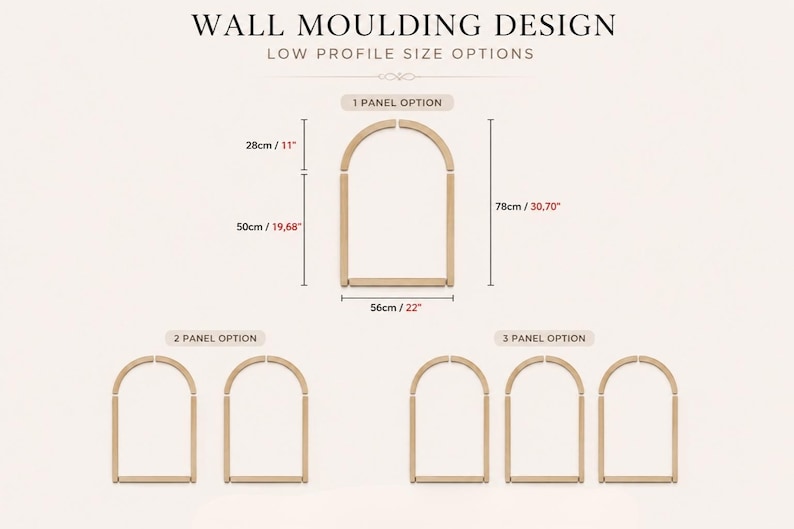 May include: Wall moulding design with low profile size options. The graphic displays a single arch panel measuring 22 inches wide by 30.70 inches high, with a 11 inch arch height and 19.68 inch side height. Options for 1, 2, or 3 panels are shown.