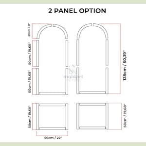 Diagram of a 2-panel option, featuring architectural elements with dimensions in inches and centimeters. The design includes arched and rectangular components.