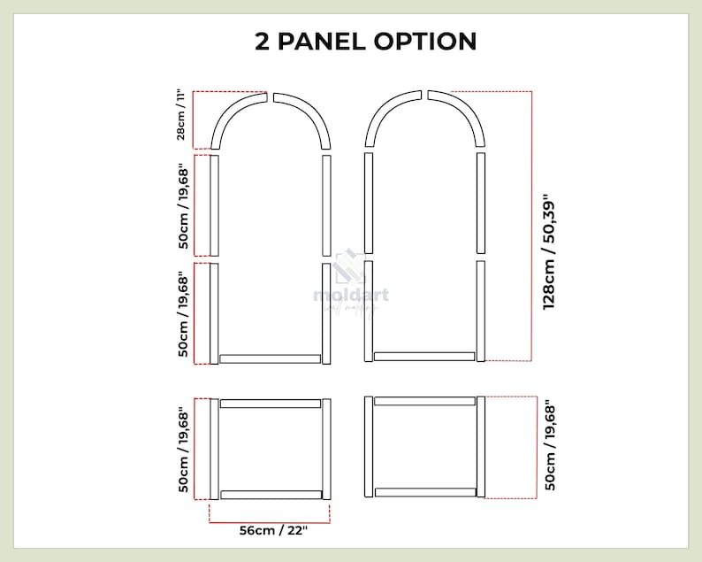 Diagram of a 2-panel option, featuring architectural elements with dimensions in inches and centimeters. The design includes arched and rectangular components.