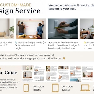 May include: An infographic detailing a custom wall molding design service and installation guide. It features text instructions, photos of wall measurements, outlet positioning, and digital device icons for accessing the installation guide.