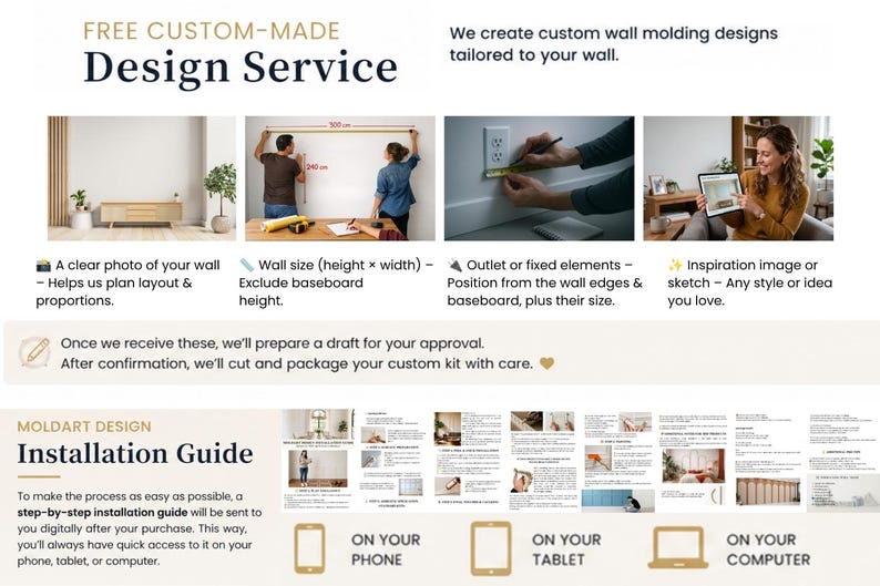May include: An infographic detailing a custom wall molding design service and installation guide. It features text instructions, photos of wall measurements, outlet positioning, and digital device icons for accessing the installation guide.