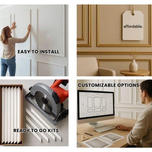 May include: A four-panel collage showing wall molding installation. Panels display white wall trim, a tag with the text 'affordable.', a cardboard box containing white molding strips with a circular saw, and a computer screen showing design plans.