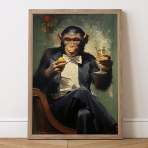 Trendy muurkunst Monkey Bar Cart, vintage cocktailprint, kleurrijke poster voor eetkamer, unieke keukenkunst aan de muur, poster proost