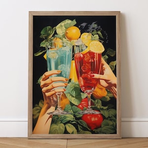 Impresión artística de cócteles retro: carrito de bar colorido, martini vintage (descarga digital)