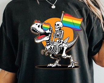 LGBT Skeleton Shirt, Gay Skeleton Shirt, Skeleton Pride Shirt, Dinosaur Pride Tshirt, Queer Pride Tee, LGBTQ Flag Shirt, Rainbow Gay T-shirt
