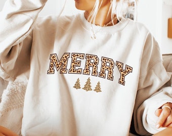 Leopard Christmas Tree Sweatshirt, Merry Sweatshirt, Leopard Sweatshirt, Christmas Sweatshirt, Xmas Sweatshirt, Holiday Sweatshirt Crewneck
