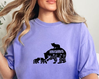 Mama Bear Shirt, Mom Shirt, Mama Bear, Cute Mama Bear and Baby with Wildflowers, Mom T-Shirt, Mommy Shirt, Mother's Day Gift,Mama x 3