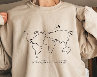 Travel Sweatshirt Adventure Awaits Sweatshirt World Map Travel Sweatshirt Road Trip Shirt World Traveler Gift Wanderlust Sweater