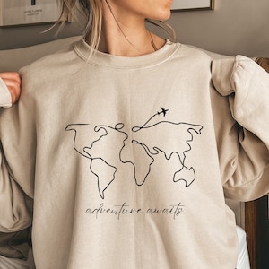 Travel Sweatshirt Adventure Awaits Sweatshirt World Map Travel Sweatshirt Road Trip Shirt World Traveler Gift Wanderlust Sweater