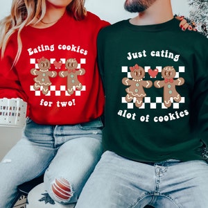 Funny Christmas Pregnant Reveal Sweatshirts Christmas Eating Cookies for two Sweatshirt Couples Christmas Sweater Pregnancy Announcement