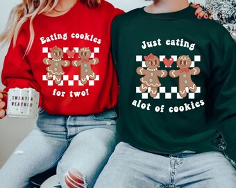 Lustige Weihnachten Schwangere offenbaren Sweatshirts Weihnachten Essen Kekse für zwei Sweatshirt Paare Weihnachten Pullover Schwangerschaftmitteilung